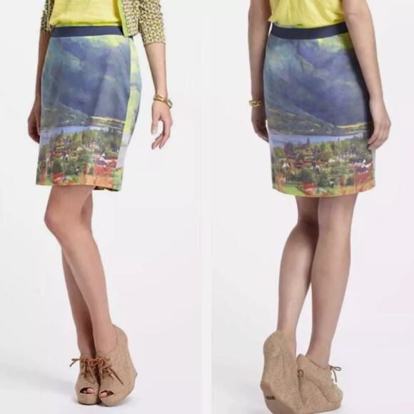 Anthropologie Meadow Rue River School A Line Pencil Skirt Vibrant Landscape 2 - Picture 1 of 6